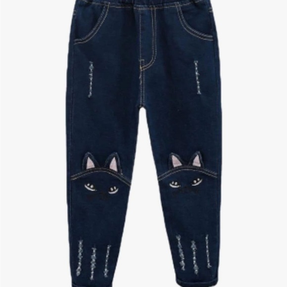 YWBY  Girls Stretch Blue Jeans with Cat Embroidery Accents Pull-on High Rise - Picture 2 of 13